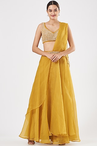 Sunshine Yellow Chiffon Layered Sharara Saree Set by Ridhima Bhasin