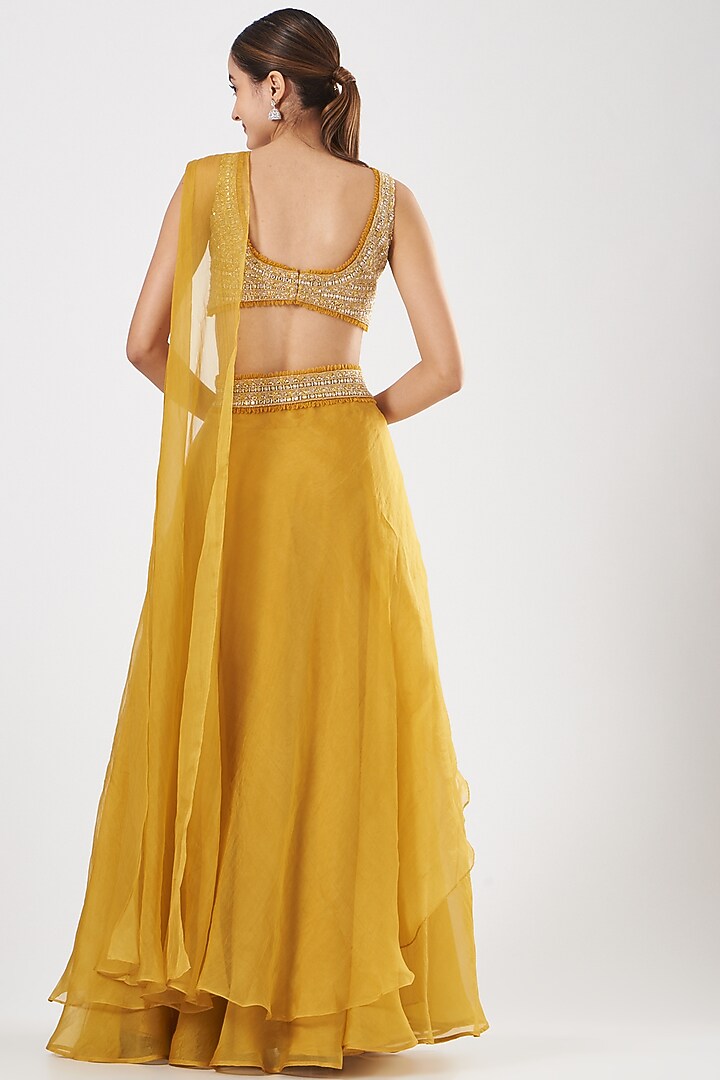 Sunshine Yellow Chiffon Layered Sharara Wedding Saree Set by Ridhima Bhasin at Pernia's Pop Up Shop