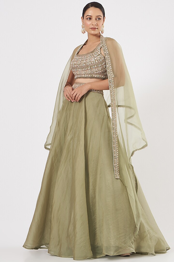 Sage Green Organza & Tulle Wedding Lehenga Set by Ridhima Bhasin at Pernia's Pop Up Shop