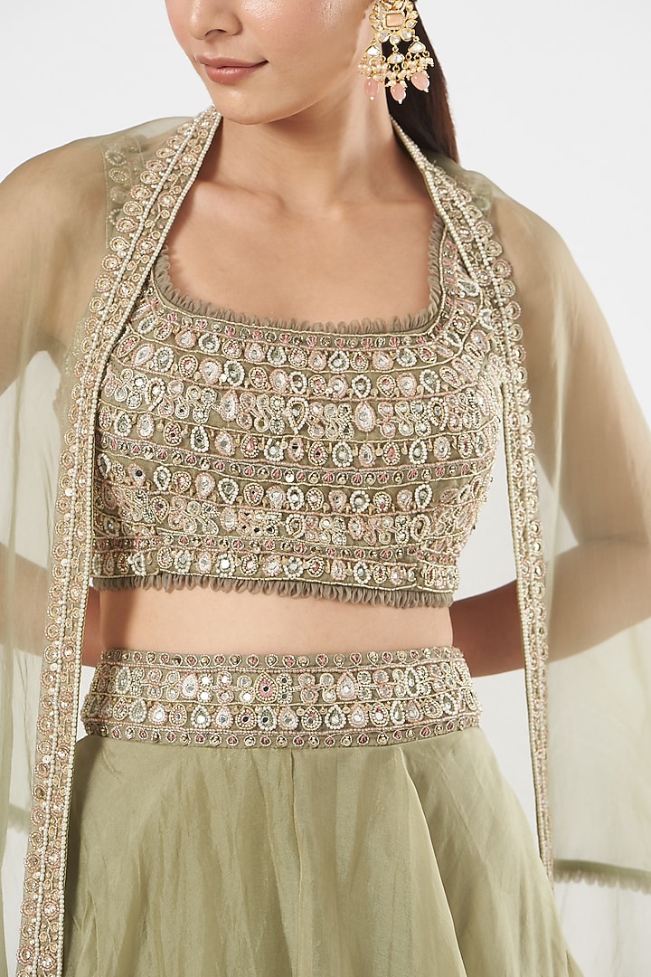 Sage Green Organza & Tulle Wedding Lehenga Set by Ridhima Bhasin at Pernia's Pop Up Shop