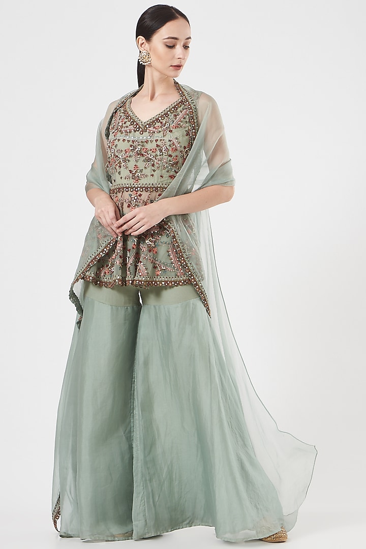 Aqua Green Organza Sharara Set by Ridhima Bhasin