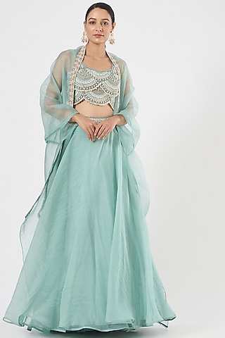 Sky Blue Organza Lehenga Set by Ridhima Bhasin