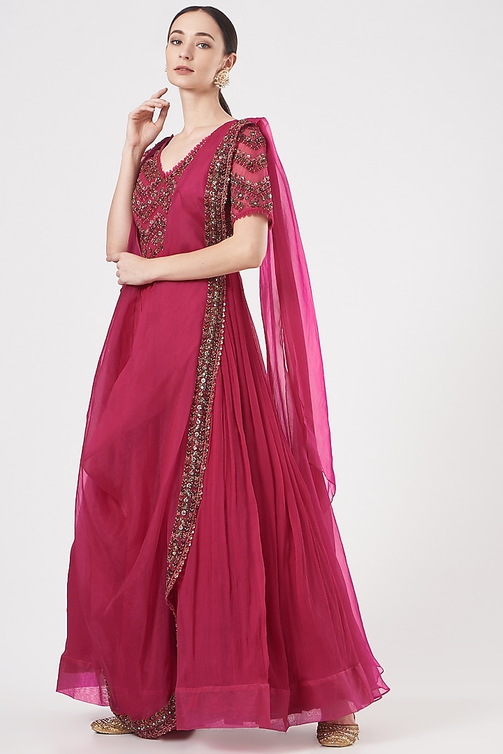 Fuchsia Chiffon Pre-Draped Saree Set by Ridhima Bhasin at Pernia's Pop Up Shop