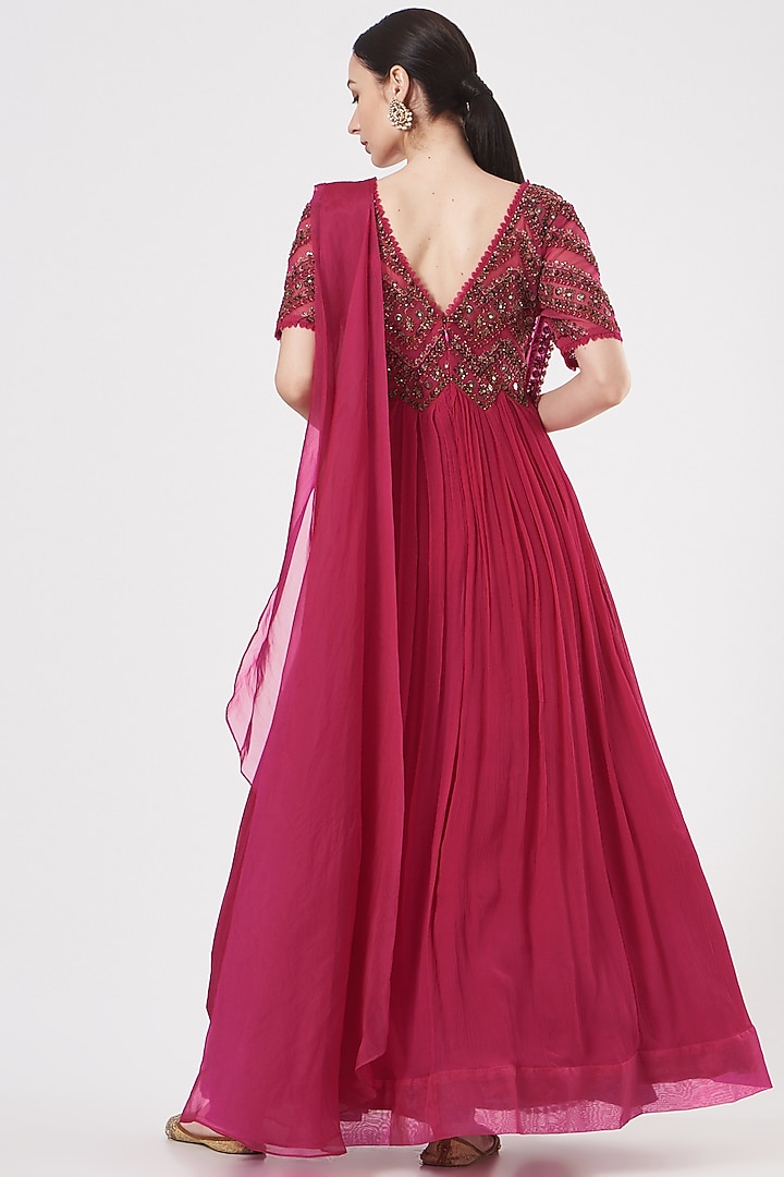 Fuchsia Chiffon Pre-Draped Wedding Saree Set by Ridhima Bhasin at Pernia's Pop Up Shop