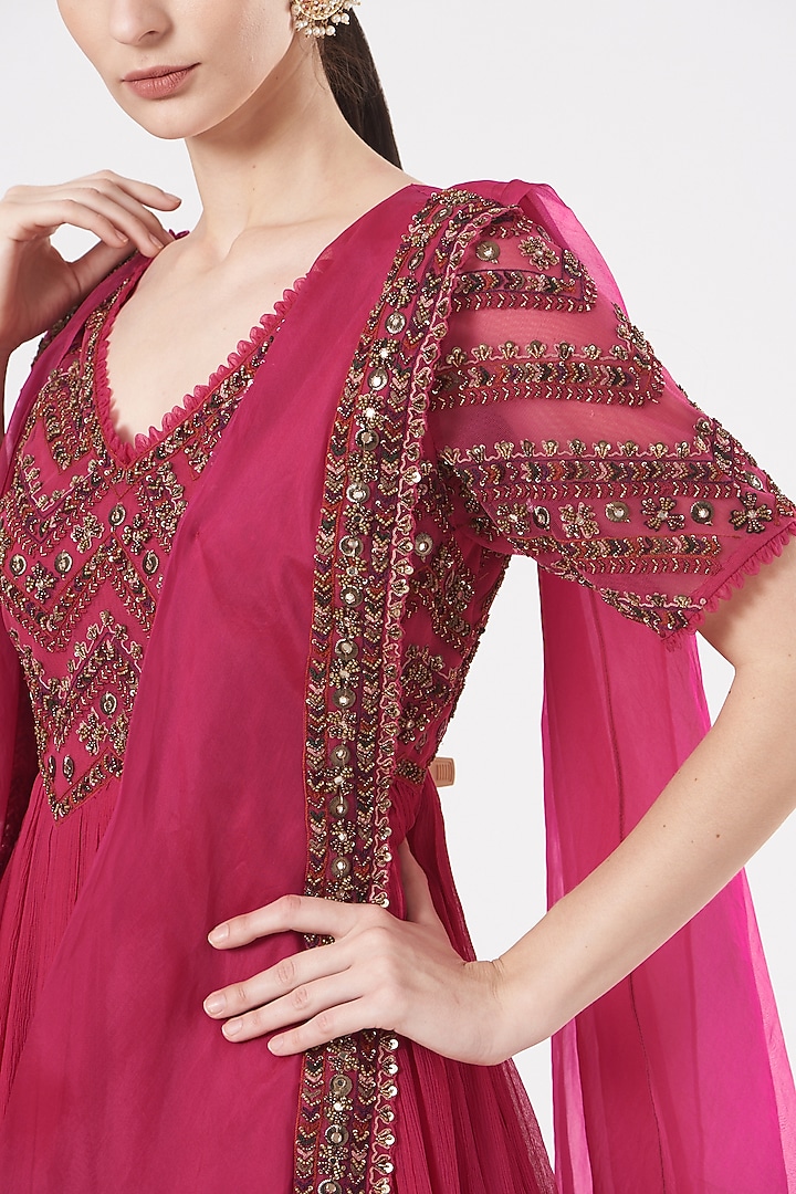 Fuchsia Chiffon Pre-Draped Wedding Saree Set by Ridhima Bhasin at Pernia's Pop Up Shop