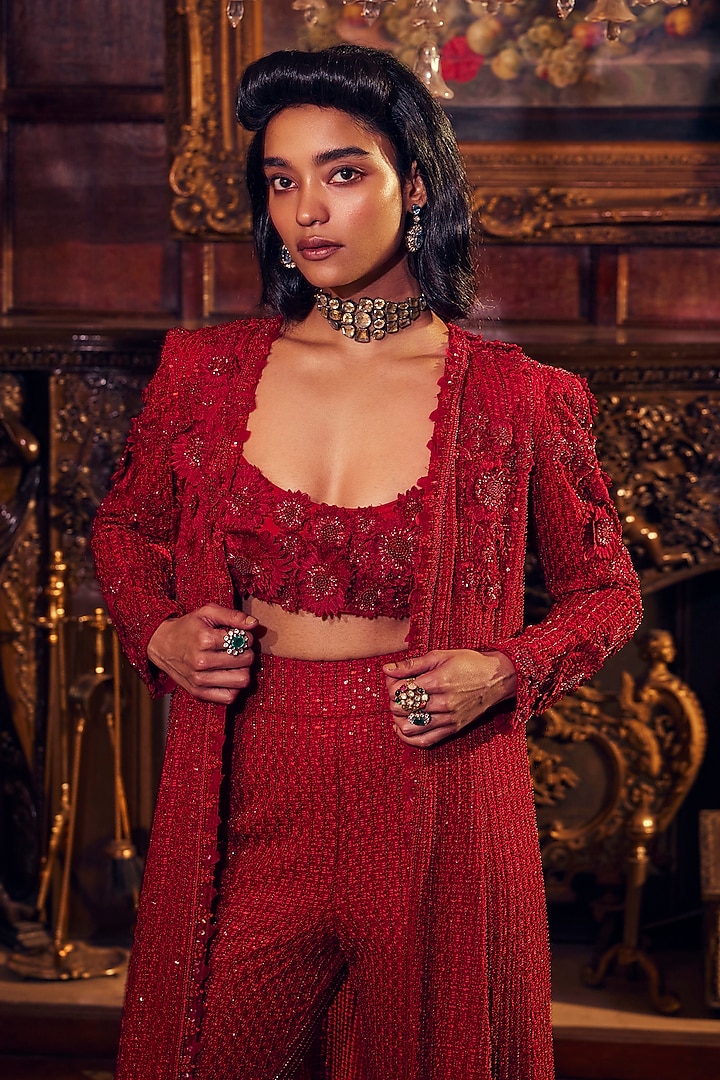 Red Georgette & Organza Embroidered Jacket Set by Ridhima Bhasin at Pernia's Pop Up Shop