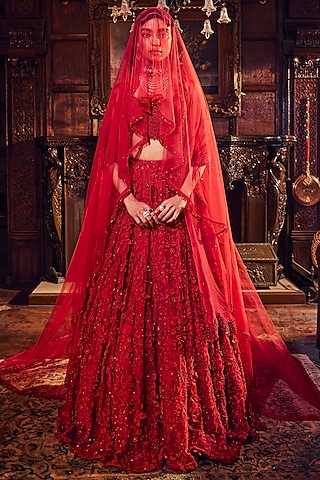 Red Organza Embellished Lehenga Set by Ridhima Bhasin