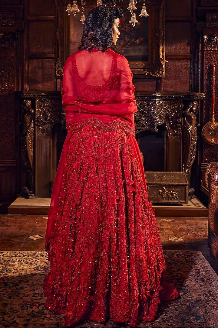 Red Organza Embellished Bridal Lehenga Set by Ridhima Bhasin at Pernia's Pop Up Shop