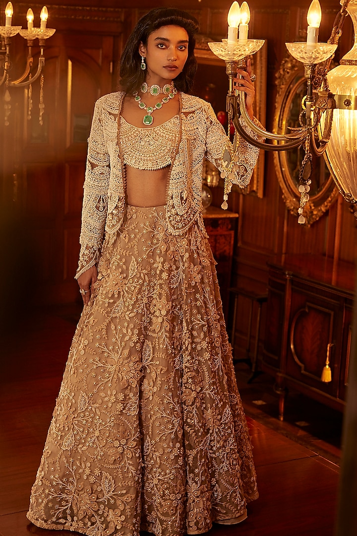 Beige Organza Embellished Jacket Lehenga Set by Ridhima Bhasin