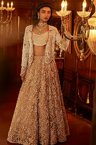 Beige Organza Embellished Jacket Lehenga Set by Ridhima Bhasin