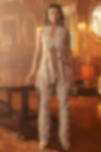 Beige Organza & Pure Crepe Embroidered Co-Ord Set by Ridhima Bhasin at Pernia's Pop Up Shop