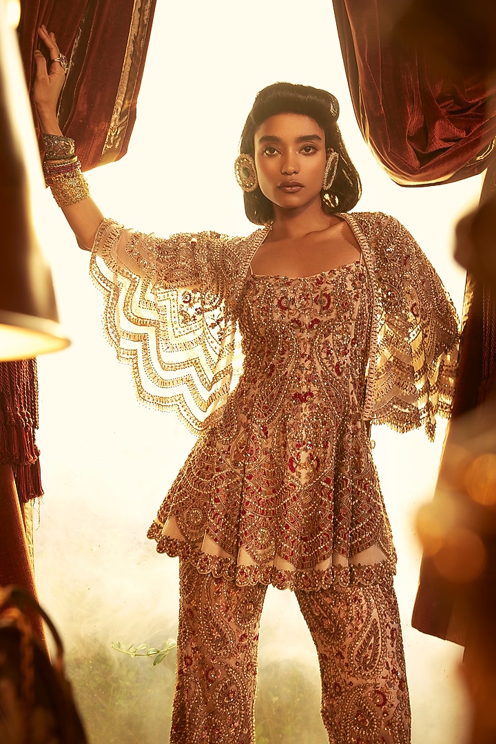 Beige Net Embroidered Cape Set by Ridhima Bhasin at Pernia's Pop Up Shop