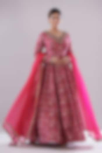 Pink Chanderi Printed & Embellished Anarkali Set by Ridhima Bhasin