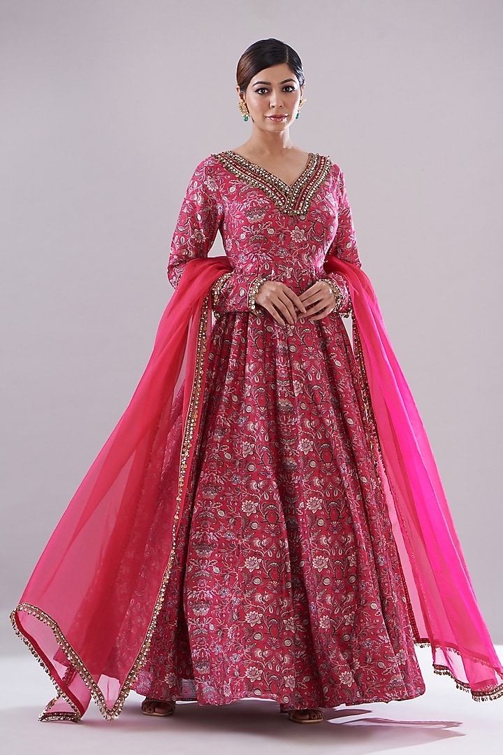 Pink Chanderi Printed & Embellished Anarkali Set by Ridhima Bhasin