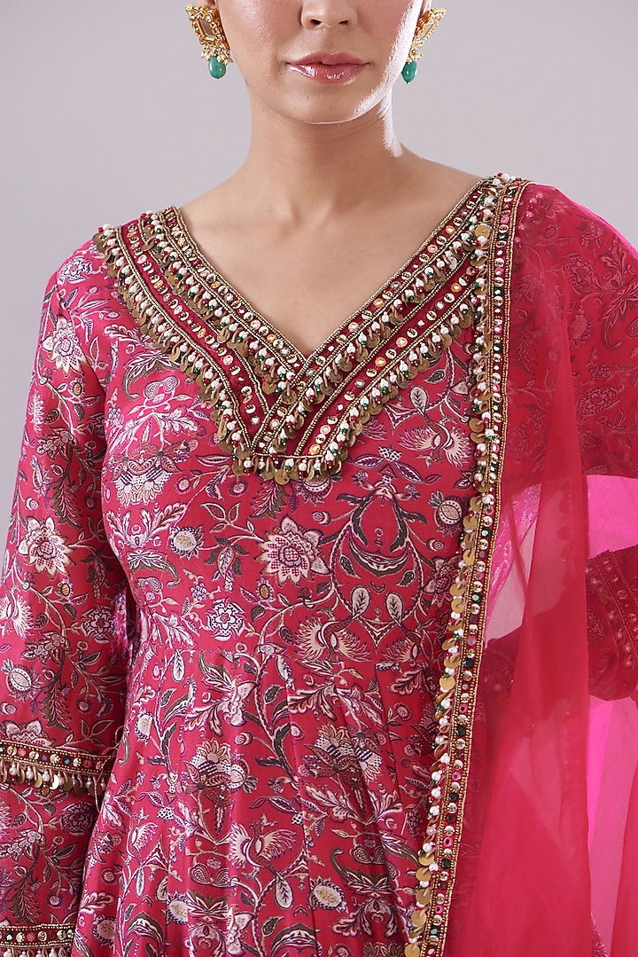 Pink Chanderi Printed & Embellished Wedding Anarkali Set by Ridhima Bhasin at Pernia's Pop Up Shop