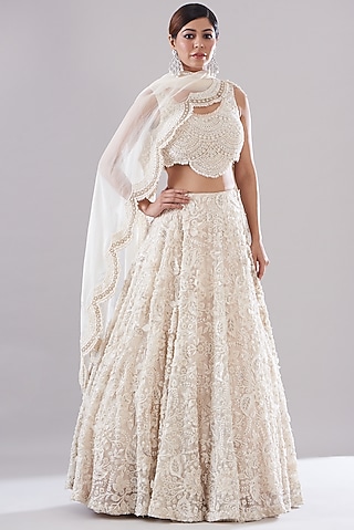Ivory Organza Hand Embroidered Lehenga Set by Ridhima Bhasin