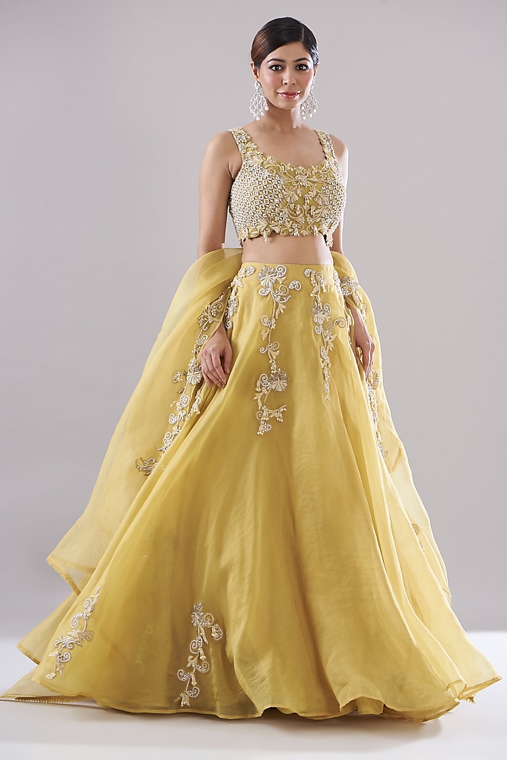 Mustard Organza Embroidered Lehenga Set by Ridhima Bhasin