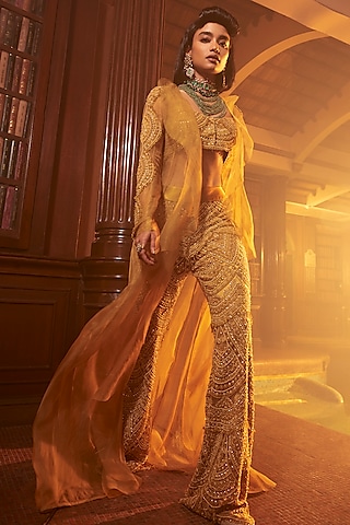 Mustard Yellow Organza Embroidered Jacket Set by Ridhima Bhasin