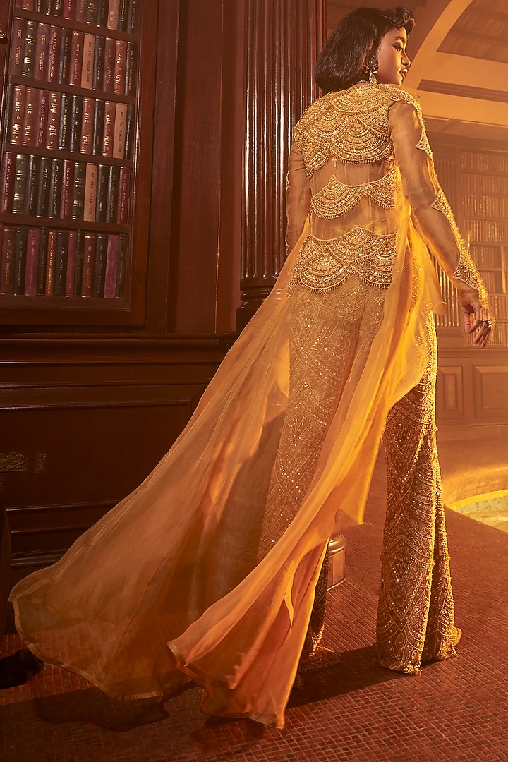 Mustard Yellow Organza Embroidered Jacket Set by Ridhima Bhasin at Pernia's Pop Up Shop