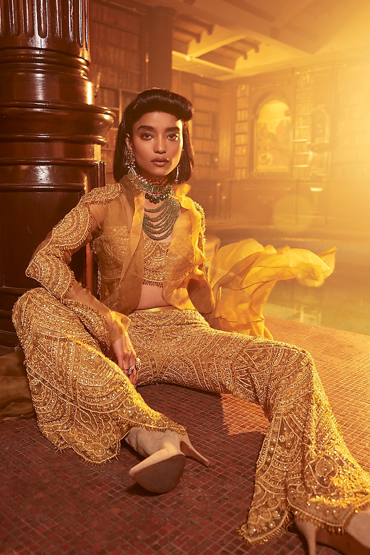 Mustard Yellow Organza Embroidered Jacket Set by Ridhima Bhasin at Pernia's Pop Up Shop