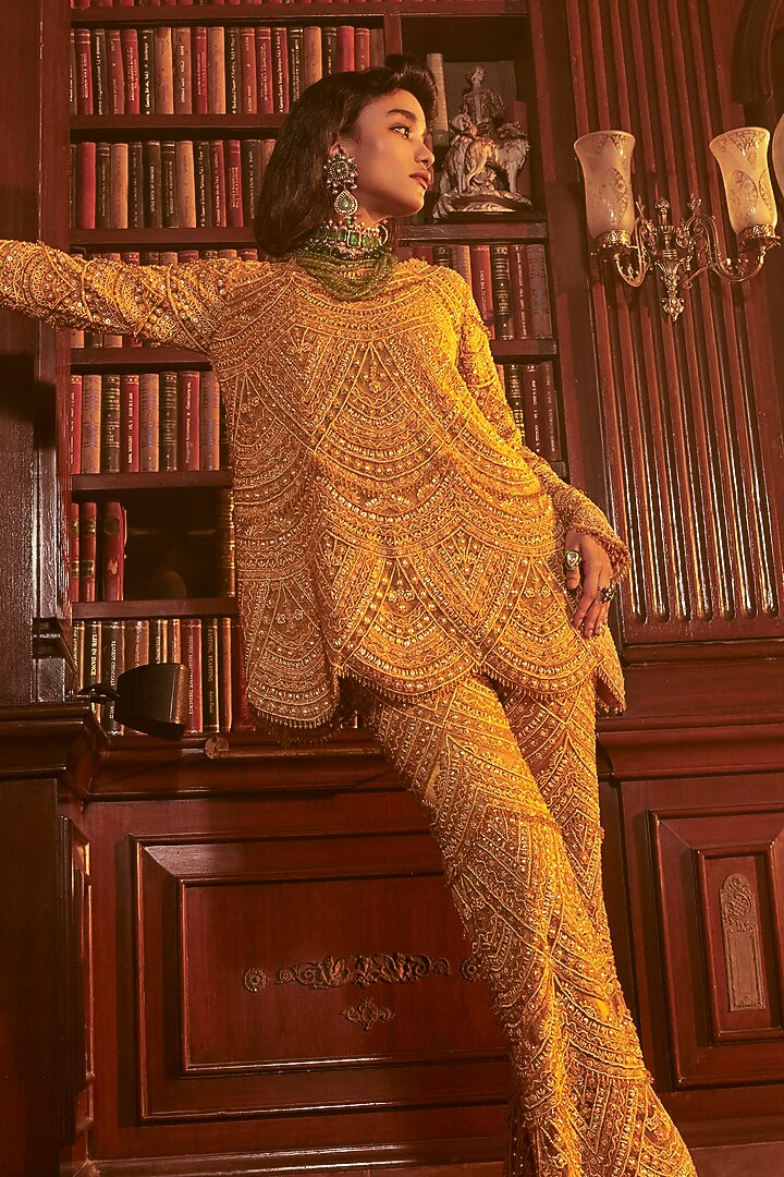 Mustard Yellow Organza Embroidered Co-Ord Set by Ridhima Bhasin at Pernia's Pop Up Shop