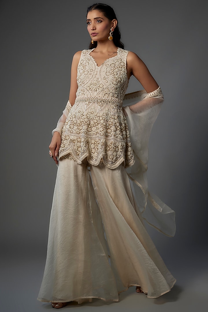 Ivory Organza & Tulle Wedding Sharara Set by Ridhima Bhasin at Pernia's Pop Up Shop