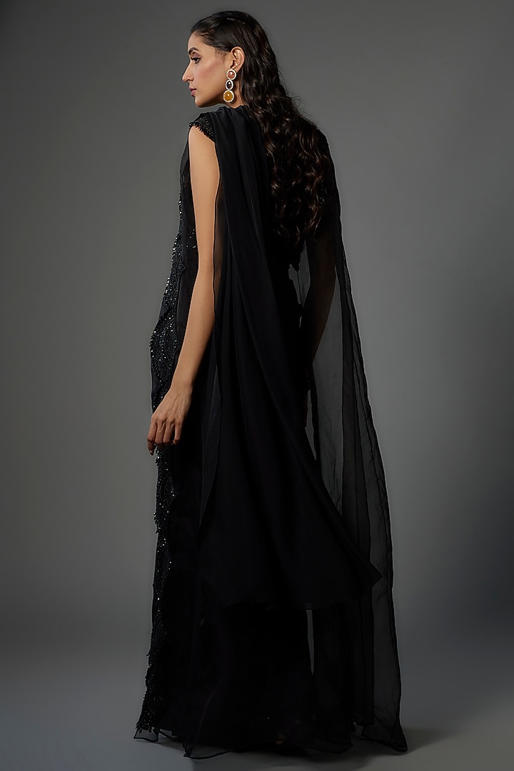 Black Organza & Tulle Embroidered Jacket Reception Saree Set by Ridhima Bhasin at Pernia's Pop Up Shop