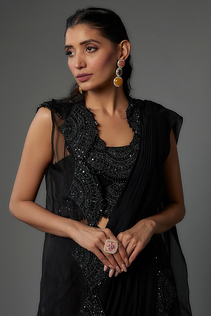 Black Organza & Tulle Embroidered Jacket Reception Saree Set by Ridhima Bhasin at Pernia's Pop Up Shop
