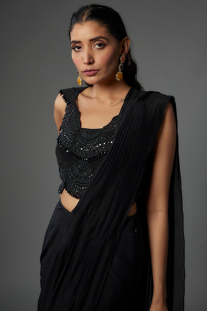 Black Organza & Tulle Embroidered Jacket Reception Saree Set by Ridhima Bhasin at Pernia's Pop Up Shop