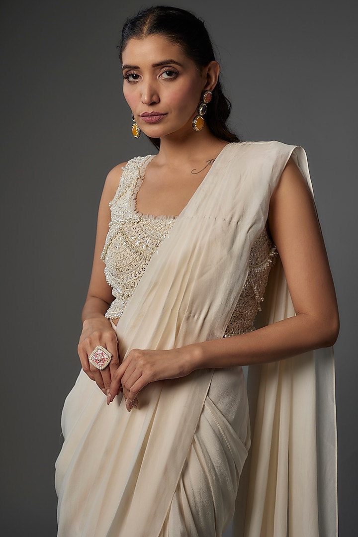 Ivory Organza & Tulle Wedding Saree Set by Ridhima Bhasin at Pernia's Pop Up Shop