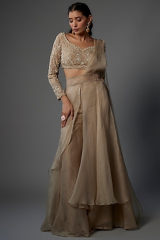 Beige Organza & Tulle Draped Sharara Saree Set by Ridhima Bhasin