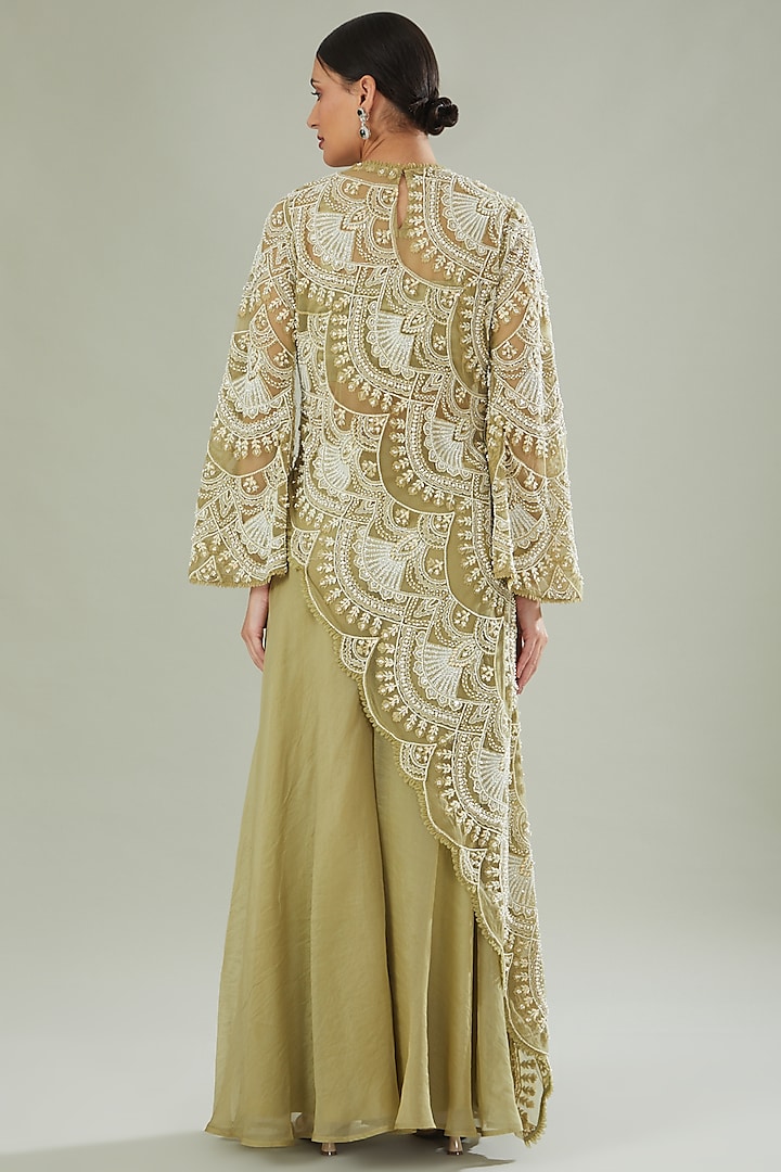 Olive Green Tulle Thread Embroidered Kurta Set by Ridhima Bhasin at Pernia's Pop Up Shop