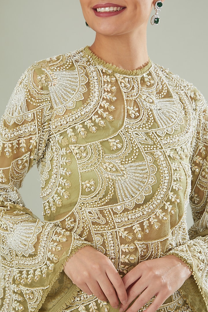 Olive Green Tulle Thread Embroidered Kurta Set by Ridhima Bhasin at Pernia's Pop Up Shop
