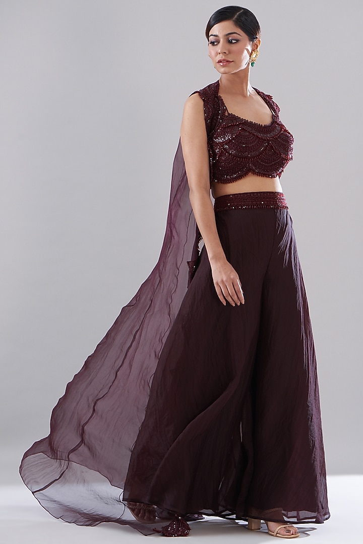 Maroon Organza Jacket Set by Ridhima Bhasin at Pernia's Pop Up Shop