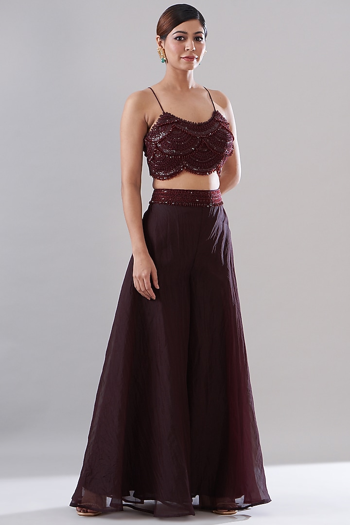 Maroon Organza Jacket Set by Ridhima Bhasin at Pernia's Pop Up Shop