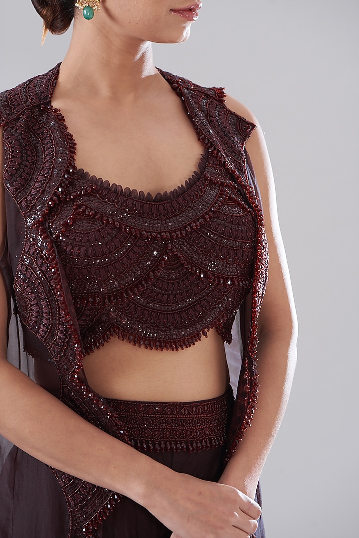 Maroon Organza Jacket Set by Ridhima Bhasin at Pernia's Pop Up Shop