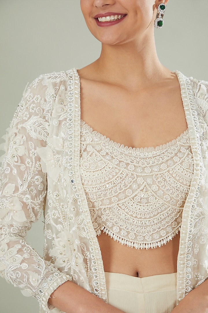 White Organza Embroidered Cape Set by Ridhima Bhasin at Pernia's Pop Up Shop