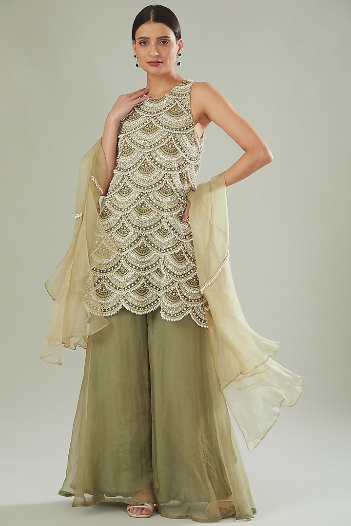 Olive Green Tulle & Crepe Sharara Set by Ridhima Bhasin