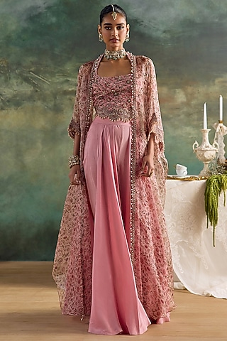 Petal Pink Habutai Silk Flared Pant Set by Ridhima Bhasin