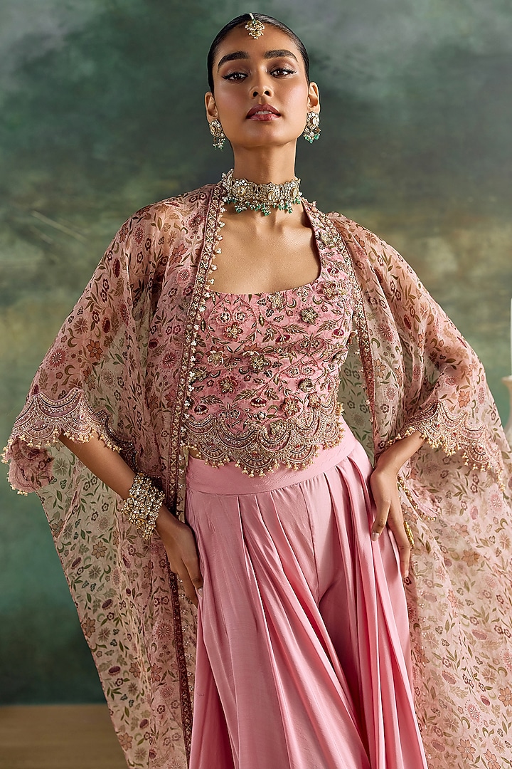 Petal Pink Habutai Silk Flared Pant Set by Ridhima Bhasin at Pernia's Pop Up Shop