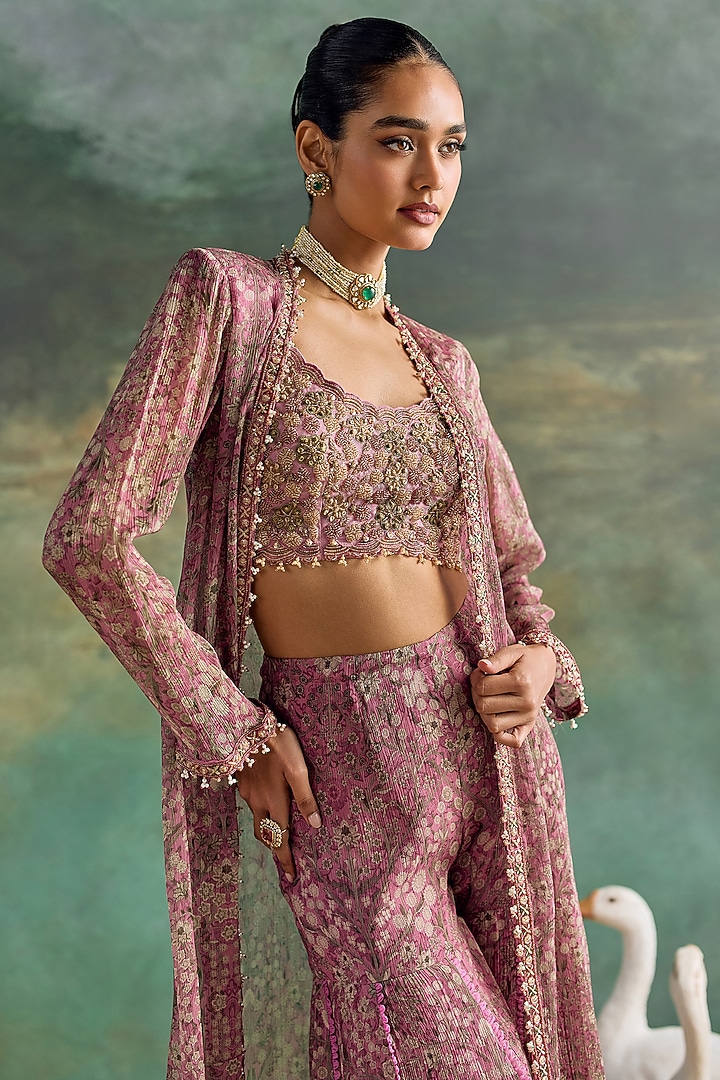 Petal Pink Chiffon Printed Wedding Sharara Set by Ridhima Bhasin at Pernia's Pop Up Shop