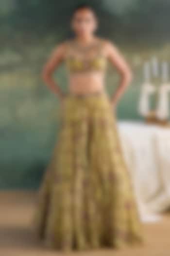 Citric Lemon Silk Organza Printed Bridal Lehenga Set by Ridhima Bhasin at Pernia's Pop Up Shop