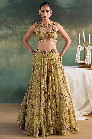 Citric Lemon Silk Organza Printed Lehenga Set by Ridhima Bhasin