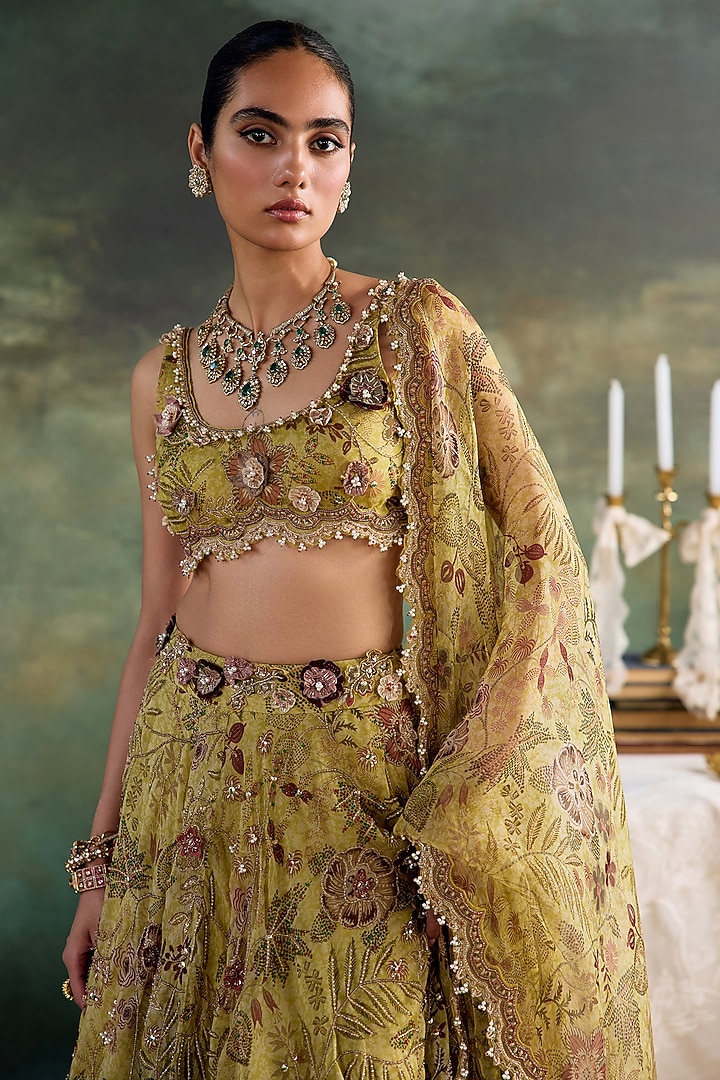 Citric Lemon Silk Organza Printed Bridal Lehenga Set by Ridhima Bhasin at Pernia's Pop Up Shop