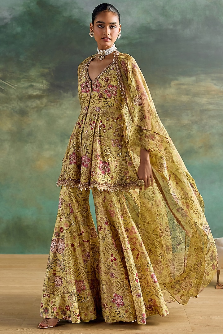 Citric Lemon Organza Printed Wedding Sharara Set by Ridhima Bhasin at Pernia's Pop Up Shop