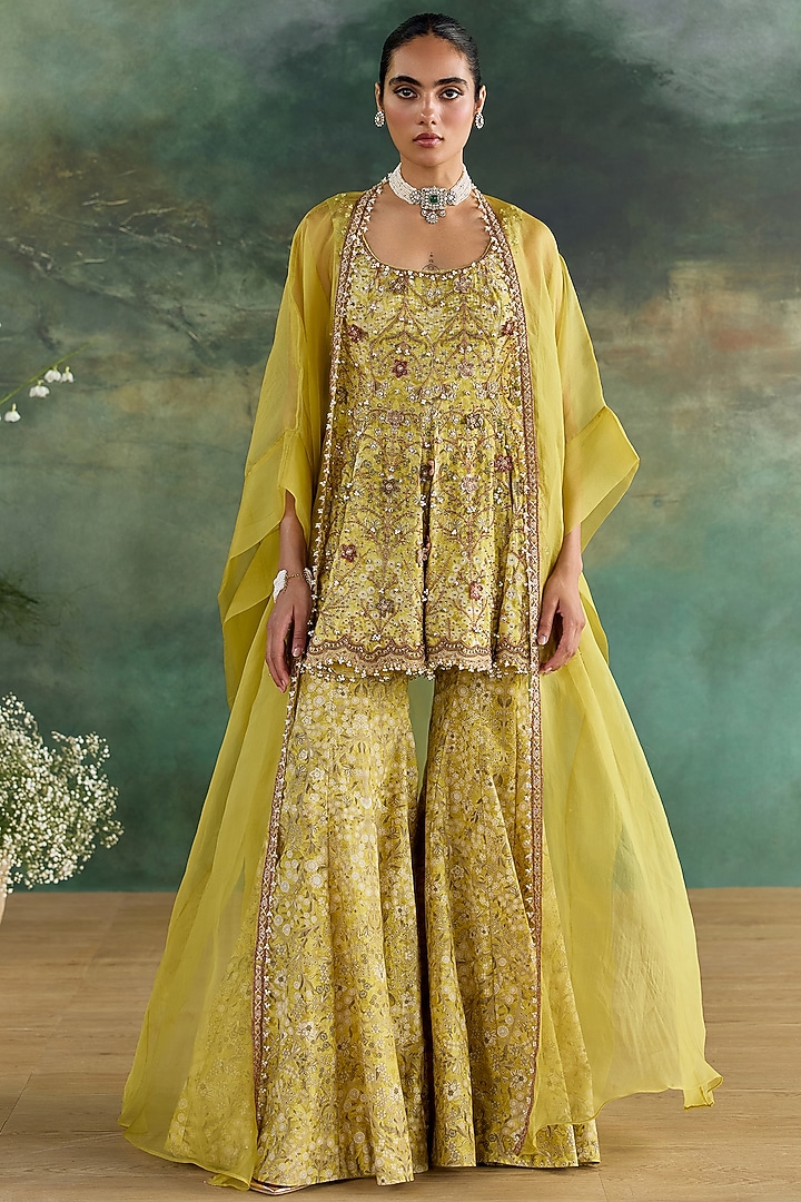 Citric Lemon Organza Printed Bridal Sharara Set by Ridhima Bhasin at Pernia's Pop Up Shop
