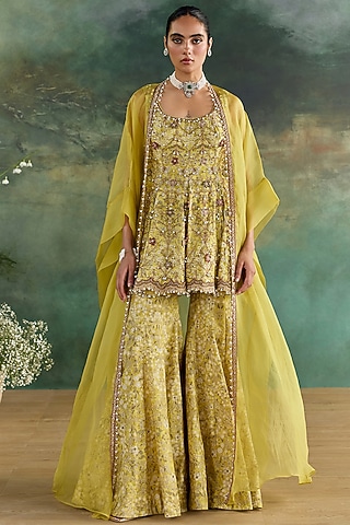 Citric Lemon Organza Printed Sharara Set by Ridhima Bhasin