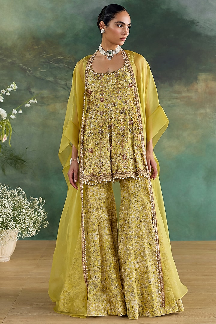 Citric Lemon Organza Printed Bridal Sharara Set by Ridhima Bhasin at Pernia's Pop Up Shop