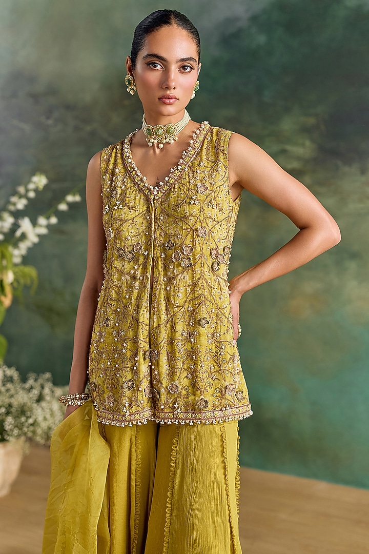 Citric Lemon Georgette Printed Wedding Sharara Set by Ridhima Bhasin at Pernia's Pop Up Shop