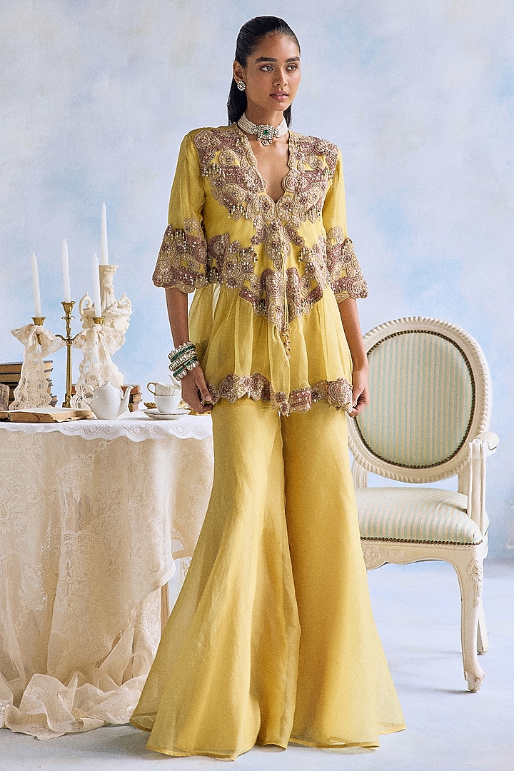 Citric Lemon Organza Hand Embroidered Bridal Sharara Set by Ridhima Bhasin at Pernia's Pop Up Shop
